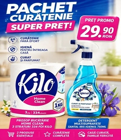 Pachet curatenie Prosop Bucatarie 3 Straturi 334 Foi Kilo + Solutie Multisuprafete Santal Iris Igienol 750ml
