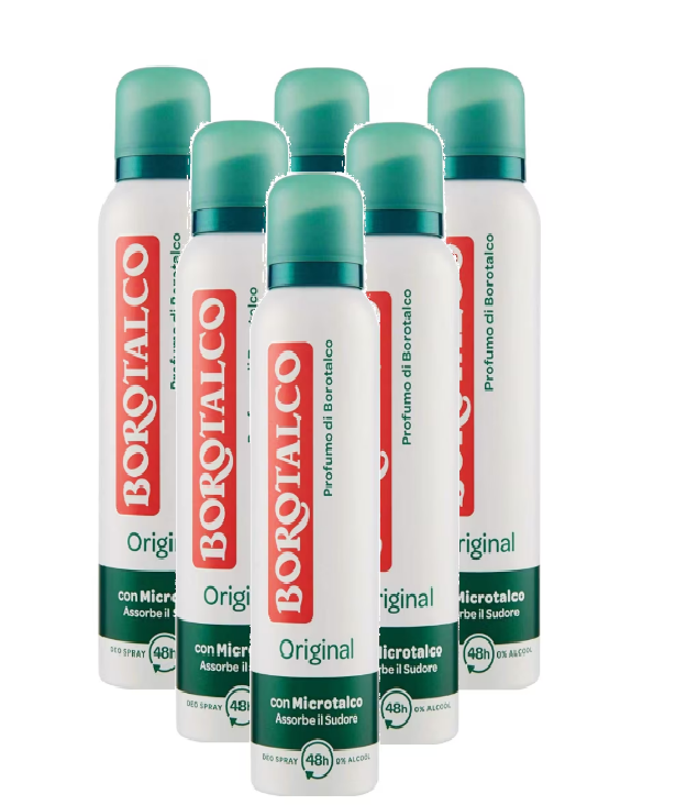 Pachet promo 6 x Deodorant spray Borotalco Original, 0% alcool, 48h protectie, 6x150 ml