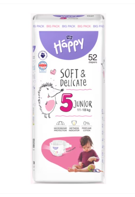 Scutece Happy Marimea 5 Soft&Delicate Junior 11-18kg  52 buc
