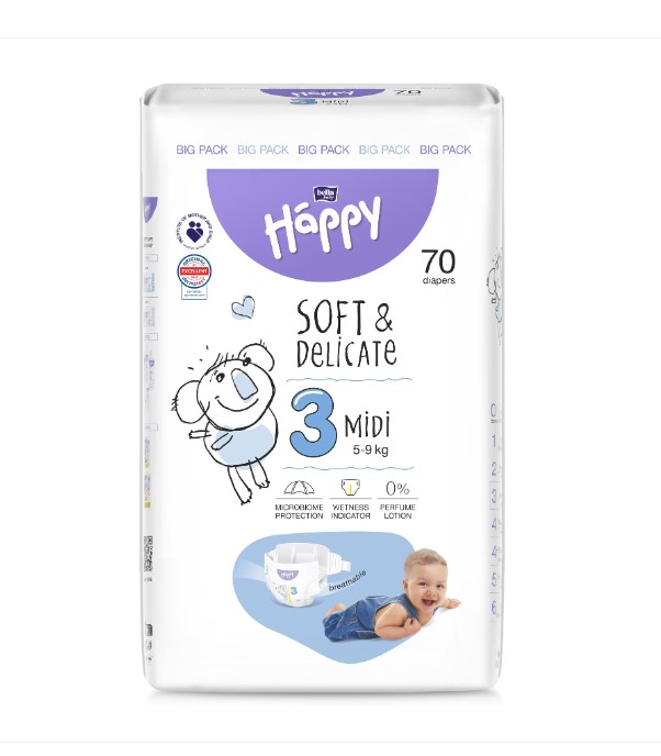 Scutece Happy Marimea 3 Soft&Delicate Junior 5-9kg  70buc