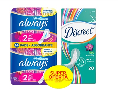 Pachet: Aborbante Always Platinum Super, 14 buc + Absorbante zilnice Discreet Waterlily, 20 buc
