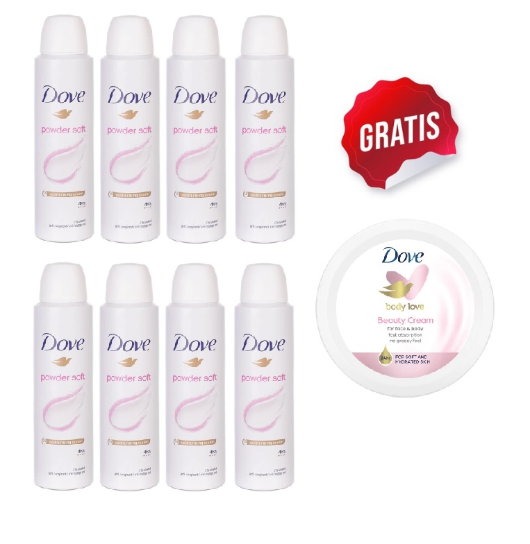 Pachet promo 8 X Deo Dove Powder Soft 150ml+ GRATIS Crema Corp Dove Beauty Cream 75ml