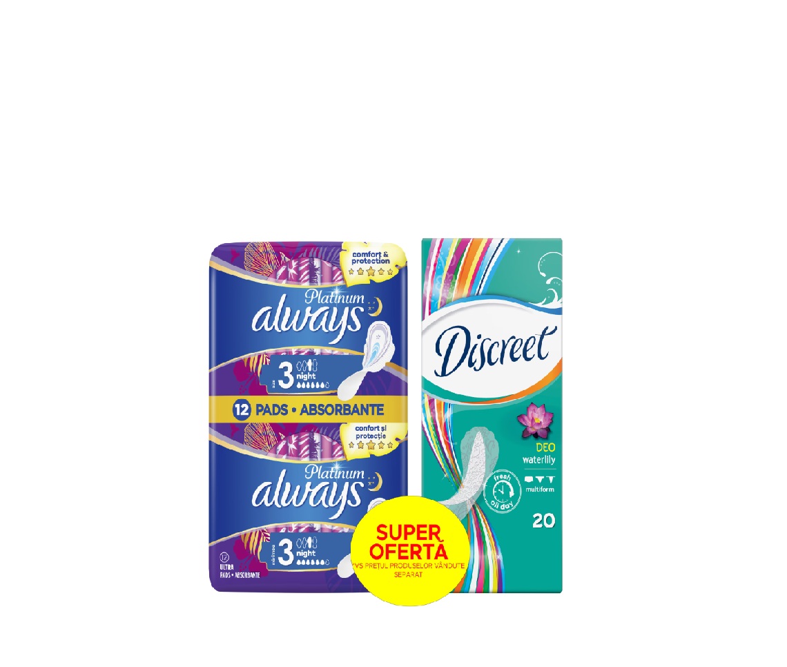 Pachet: Aborbante Always Platinum Night, 12 buc + Absorbante zilnice Discreet Waterlily, 20 buc