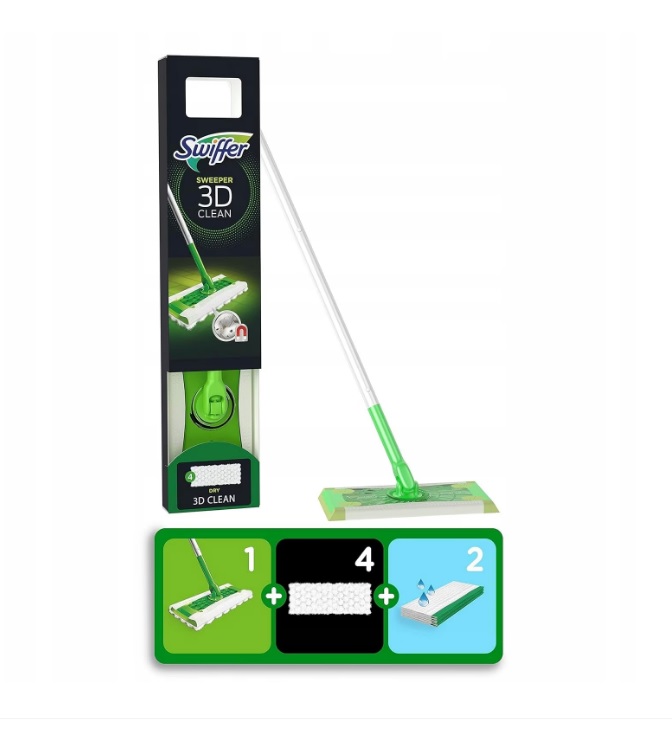 Kit curatenie Swiffer 3D Clean mop + 4 servetele uscate + 2 servetele umede