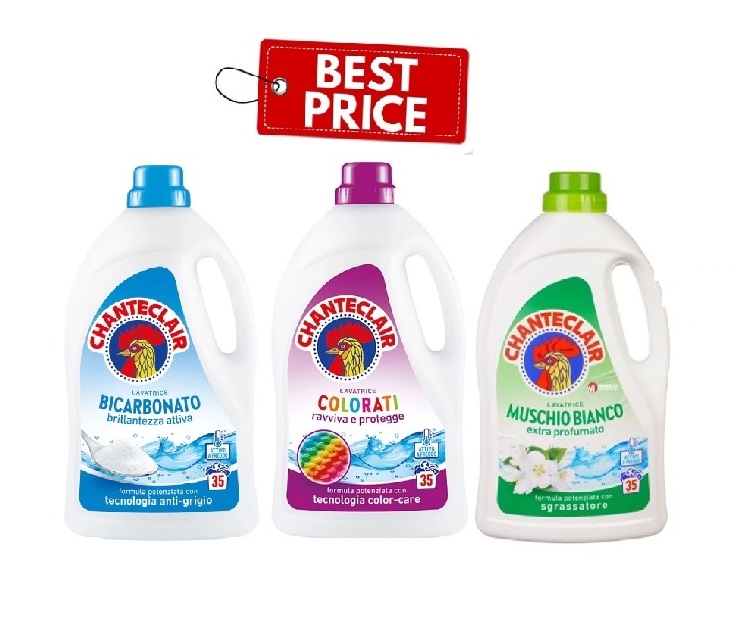 Pachet promo 3 X Detergent lichid Chanteclair 35 spalari 1575ml Muschio Bianco , Bicarbonato si Color 