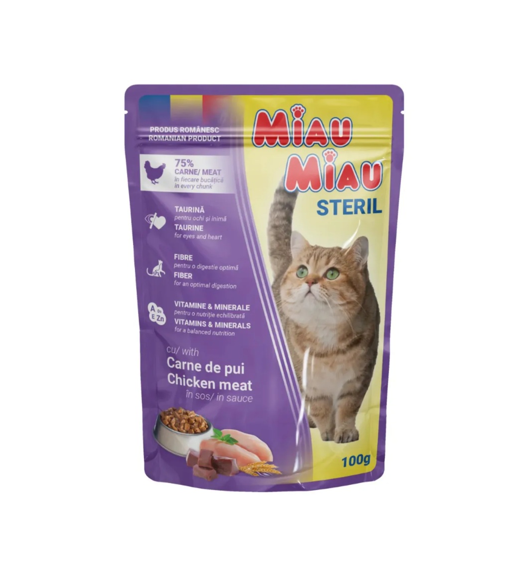 MIAU MIAU Sterilised, Pui, plic hrană umedă pisici sterilizate, (în sos), 100g 