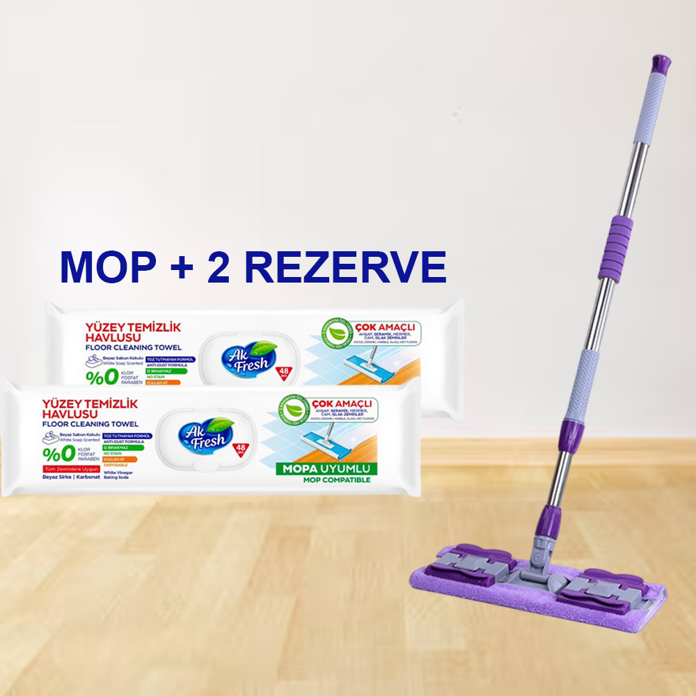 Pachet promo Mop plat coada telescopica + 2 Pachete Lavete umede pardoseli sapun alb si bicarbonat AK Fresh 48buc
