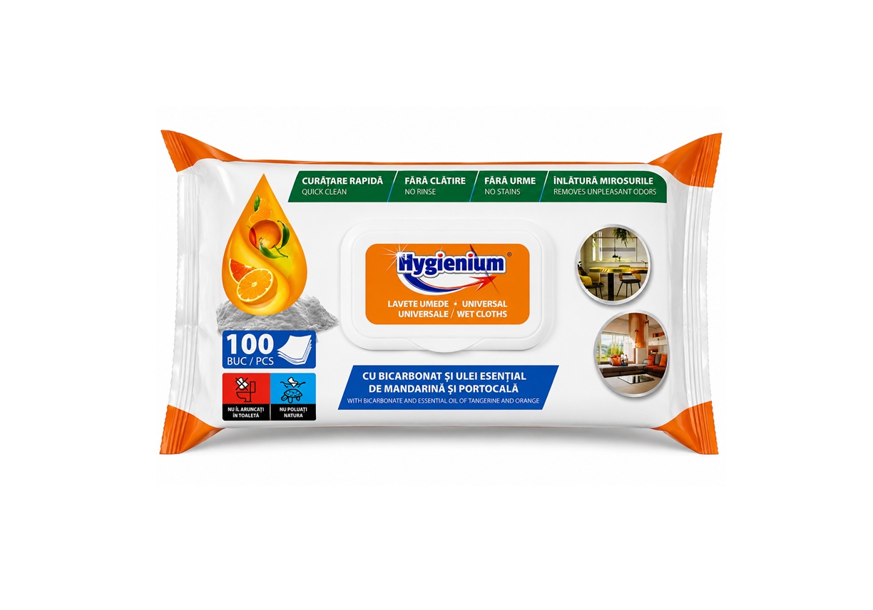 Hygienium lavete umede universale 100 buc bicarbonat mandarina portocala 
