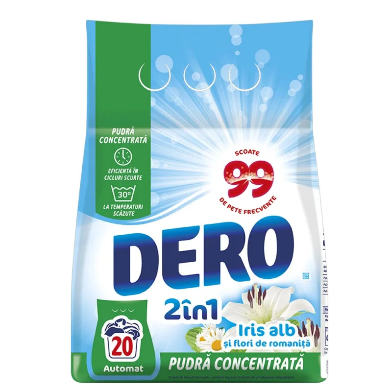 Detergent de rufe automat Dero 2 in 1 Iris Alb 20 de spalari 1.5kg