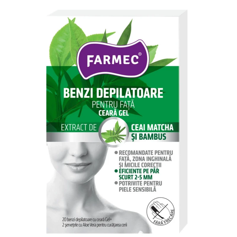 Benzi Depilatoare Fata Ceara Gel Farmec 2serv Aloe Vera Ceai Matcha Bambus 20buc