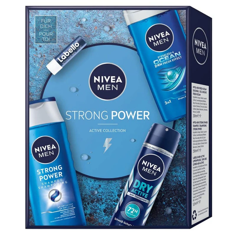 Caseta Cadou Nivea Men Strong Power SG250 Deo150 Samp250 Lipstick5.5